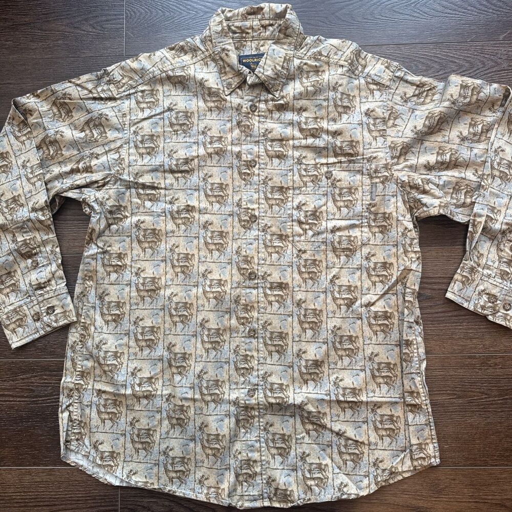 Woolrich Shirt Mens Large Brown Deer Animal Print Button Up Outdoor Hunting Camo